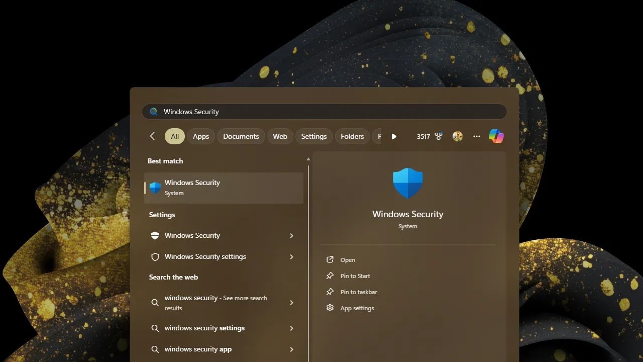 Поиск Windows Security в меню Пуск