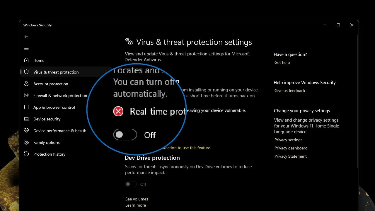 Real-time protection Off